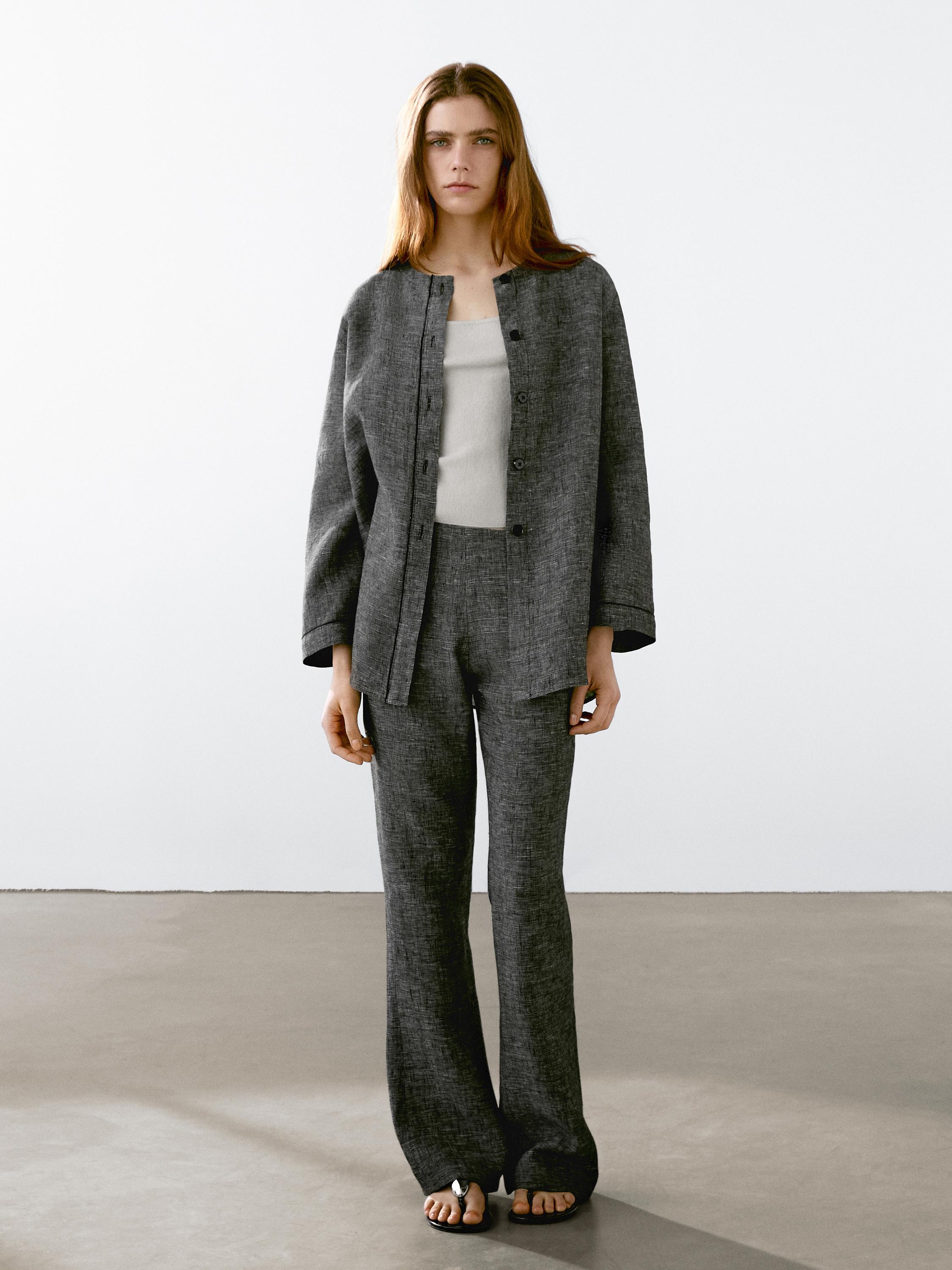 100% linen straight-leg trousers